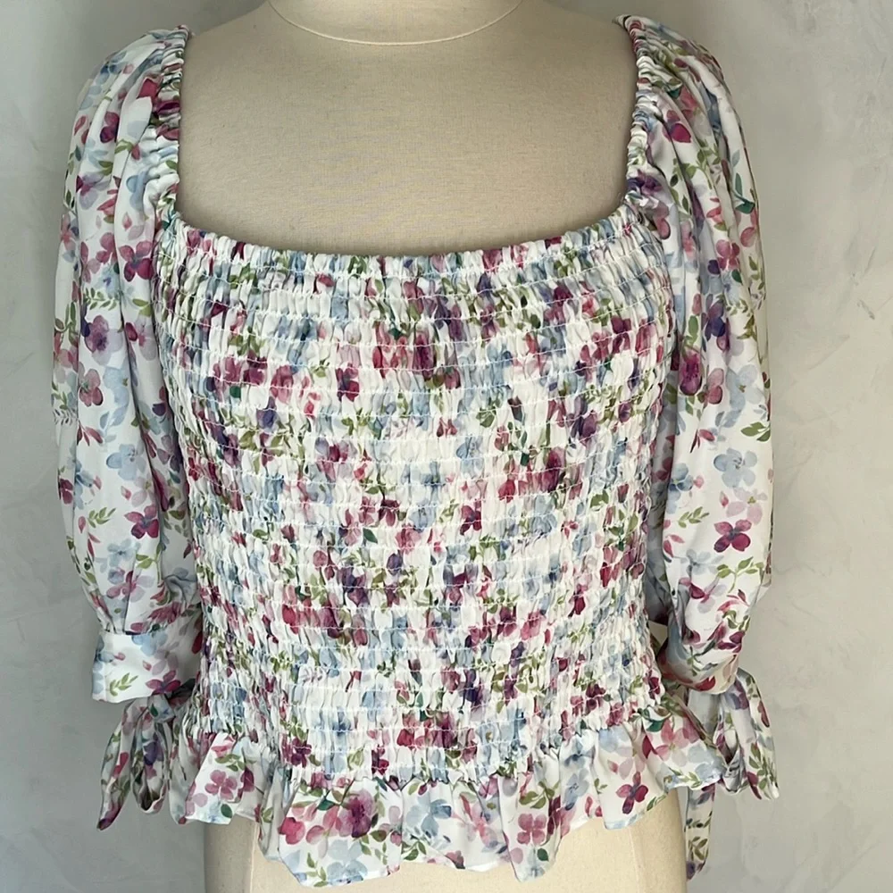 Fashion To Figure White,pink,blue,purple & green Floral Top w/tie sleeves - Picture 4 of 16